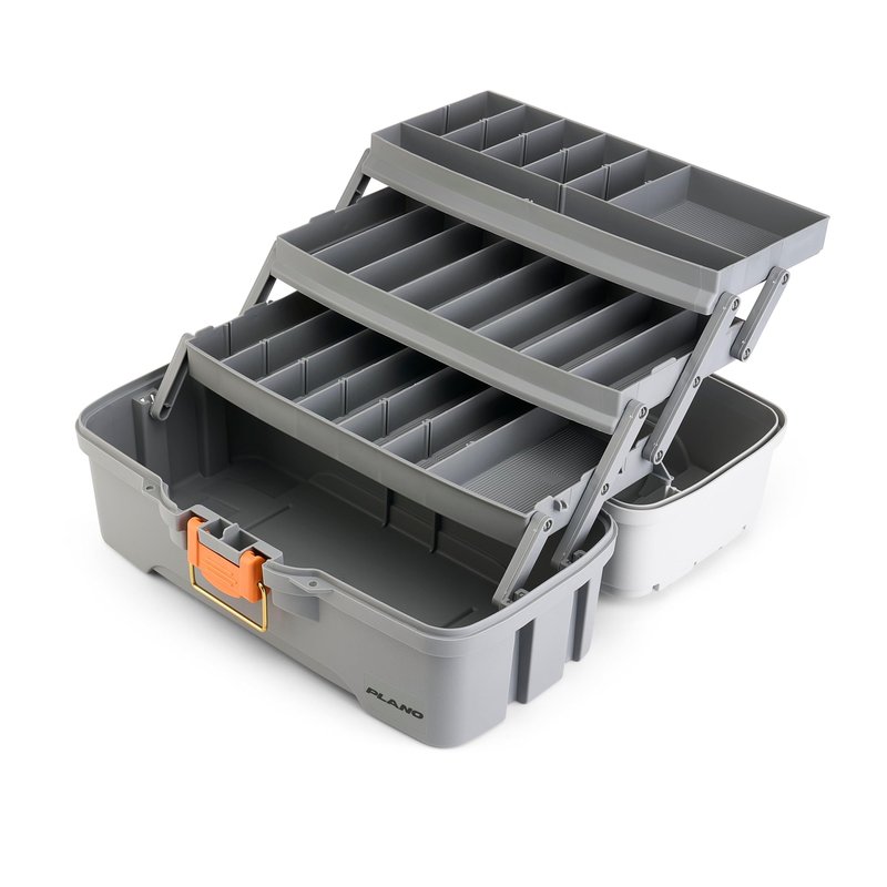 Plano Three-Tray Tackle Box, Light Grey/Dark Grey, Rust-Proof Brass Latch, Top-Access Tray with Deep Storage, Made in the USA, Portable Fishing Gear Storage Organizer