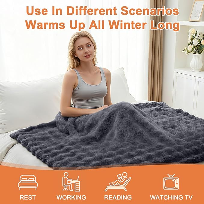 Heated Blanket Electric Throw Blanket 50''X 60''-Heating Blanket with 6 Heat Settings-4 Hours Auto Off,Cozy Faux Rabbit Fur Bubble Electric Blanket,Dark Gray