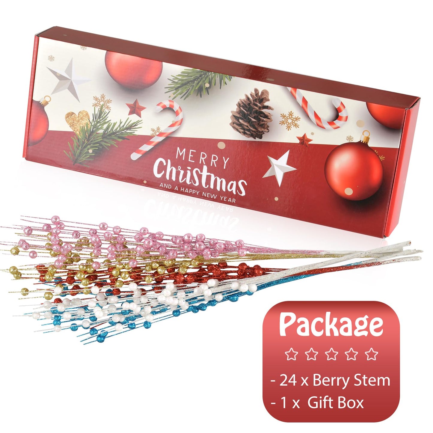 Losris Christmas Artificial Glitter Berry Stem Decorations Decorative Bead Sticks Xmas Picks Glittery Twigs Branches for Christmas Tree Wreath Gift Vase Home Decor Party Ornaments White 24 PCS