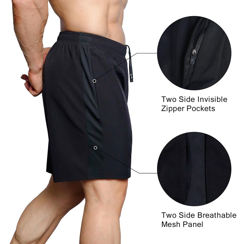Gaglg Men's 7" Athletic Shorts 2 Pack Quick Dry Workout Running Shorts with Zipper Pockets Black/Green,Large