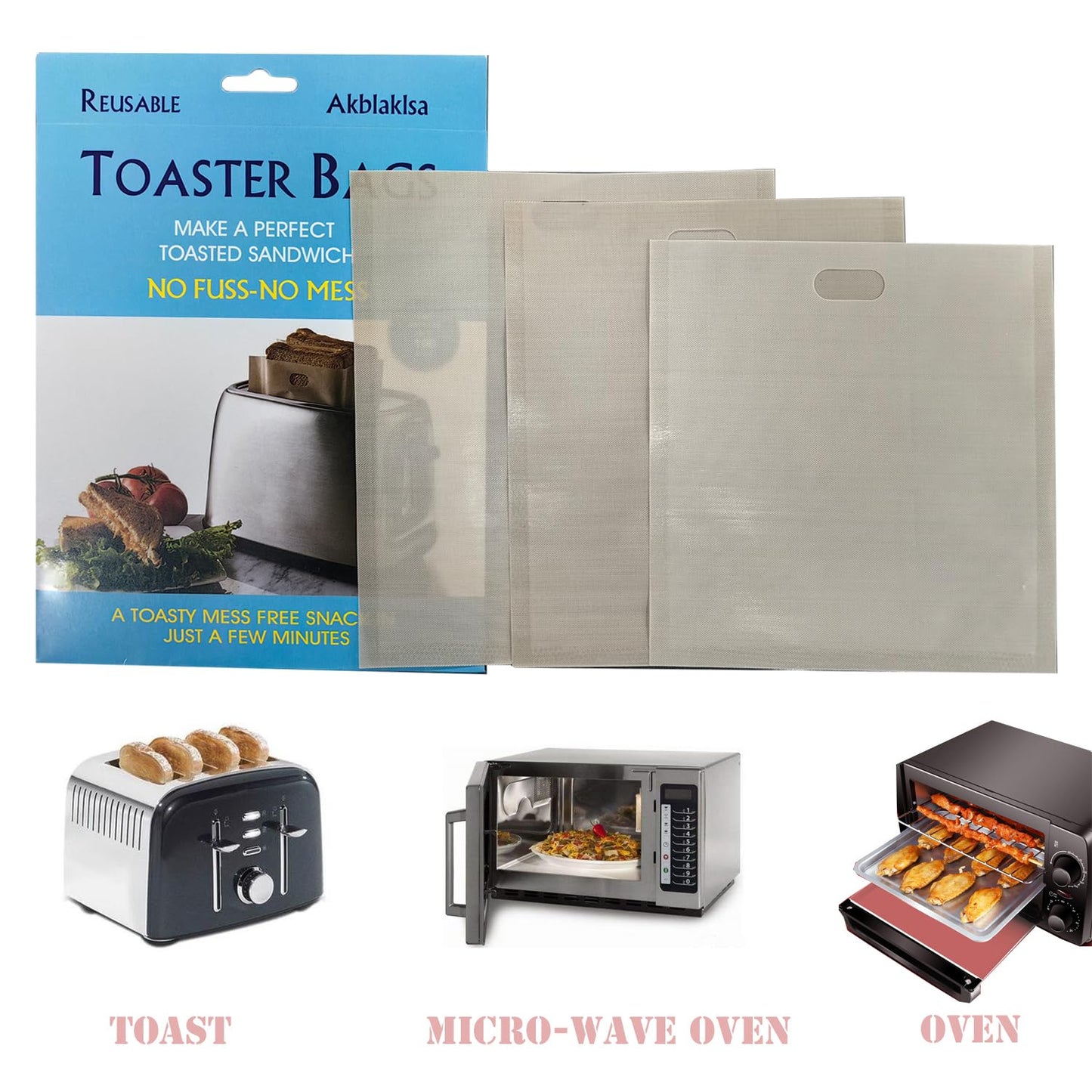 Akblaklsa 12 Pack Reusable Toaster Bags Non-Stick, Washable Toasted Sandwich Toastie Bags Toaster Microwave Grill, Great for Toast Sandwich Panini Snacks