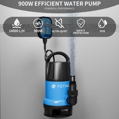 FOTING 900W Submersible Water Pump for Dirty/Clean Water, 14000 L/H Electric Sump Pump with Float Switch, Portable Water Pump to Empty Pool, Drainage Pump for Garden Pond, Pools, Hot Tub, Ditches