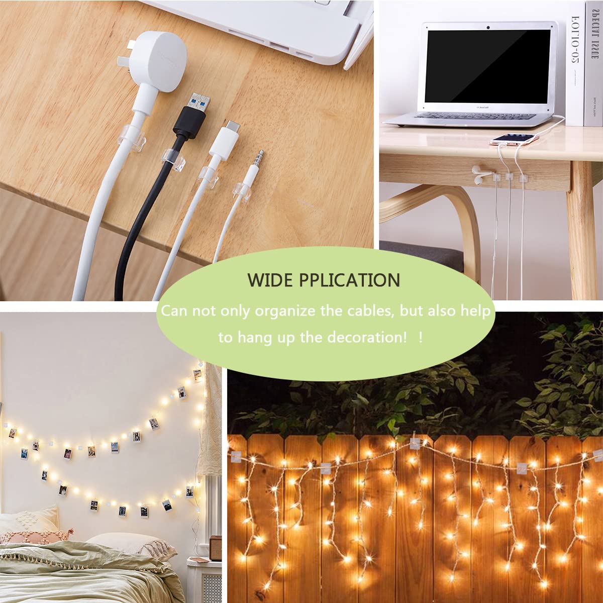 60PCS Cable Clips, KGROTE Outdoor Wire Clips Adhesive Cable Hooks Cord Organizer Holder Christmas Light Clips for Desk, Wall Cable Management, String Lights, Fairy Lights, Decorations Hanging - Clear