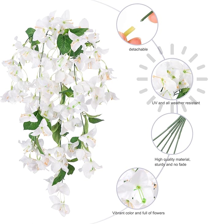 2PCS Bougainvillea Artificial Hanging Flowers Plants for Outdoors Outside Fall Decoration, Faux Silk Flowers Fake Vines UV Resistant Look Real Realistic for Front Door Porch Planter Balcony, White