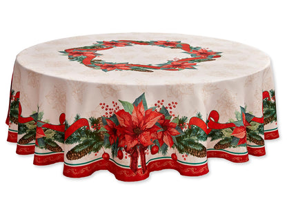 YiHomer Poinsettia Ribbon Engineered Printed Fabric Christmas Tabletop for Xmas Winter Holiday, Christmas Time, Tablecloth, 70" Round