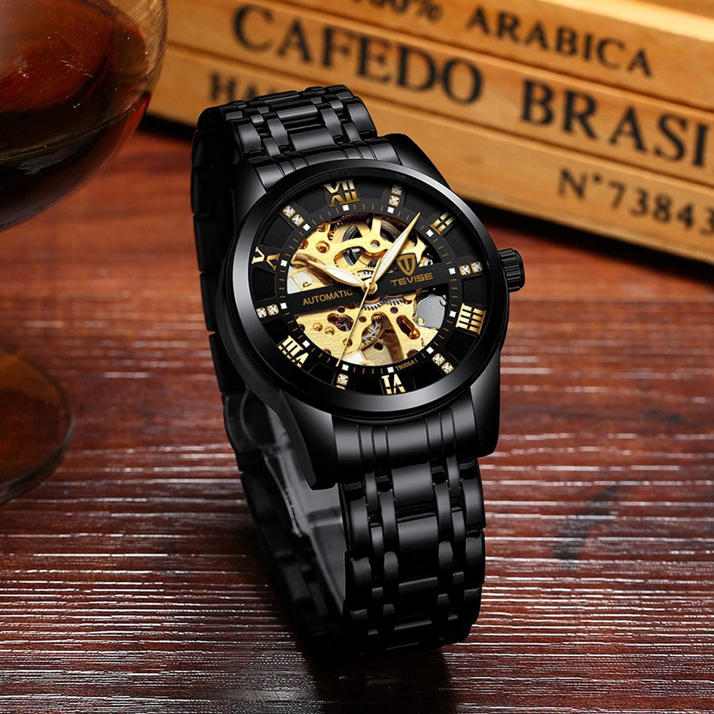 Dentily Mechanical Men's Watch Stainless Steel Skeleton Automatic Watch Waterproof Business Watches for Men