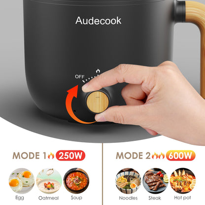 Audecook Hot Pot Electric with Steamer, 1.5L Portable Nonstick Rapid Noodles Cooker, Travel Electric Skillet with Dual Power Control for Pasta/Soup/Steak/Egg/Oatmeal(Black)