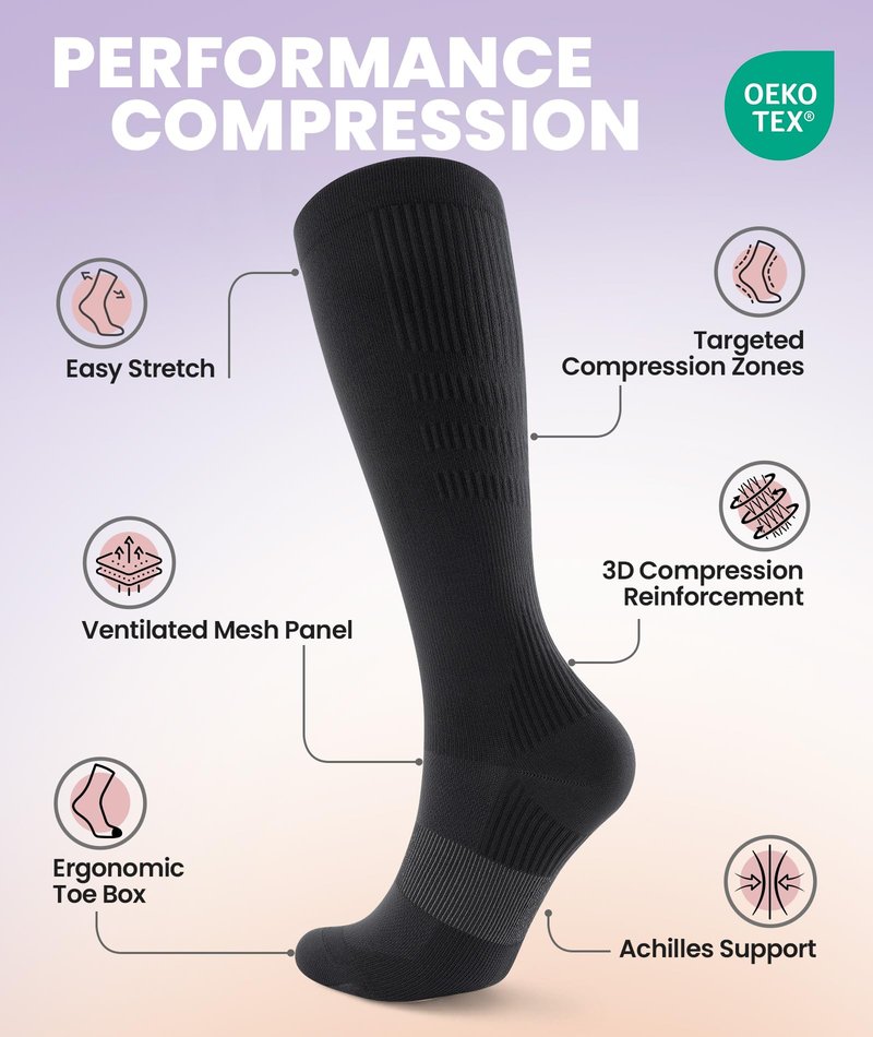 PULIOU Cooling Compression Socks for Women Men, 20-30 mmHg Circulation Knee High for Travel, Flying, Running, 2 Pairs(Black,S-M
