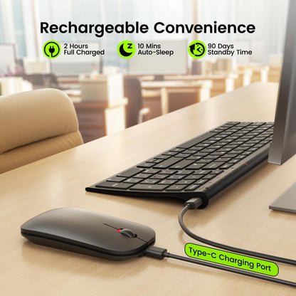 seenda WGJP-031B Wireless Keyboard Mouse Set, Ultra Thin Compact Rechargeable Aluminum Silent Computer Keyboard & Mouse Combo UK QWERTY Layout for Office, Home, Business, Black