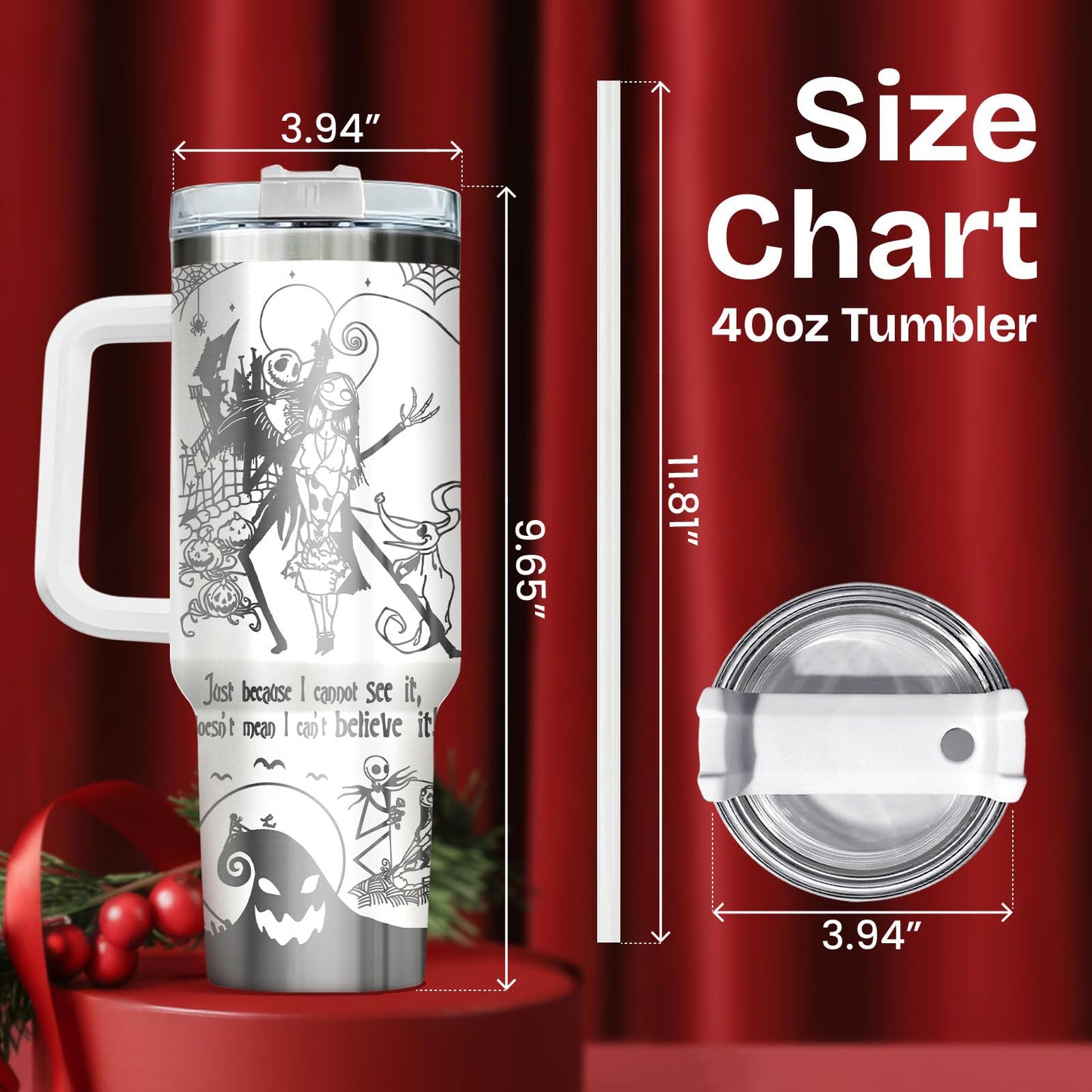 GEPOSTORE Spooky Christmas Tumbler – 40 oz Laser Stainless Steel Mug with Handle – Nightmare Halloween Movie Cup Gift for Fans of Dark Romance, Birthdays & Holidays