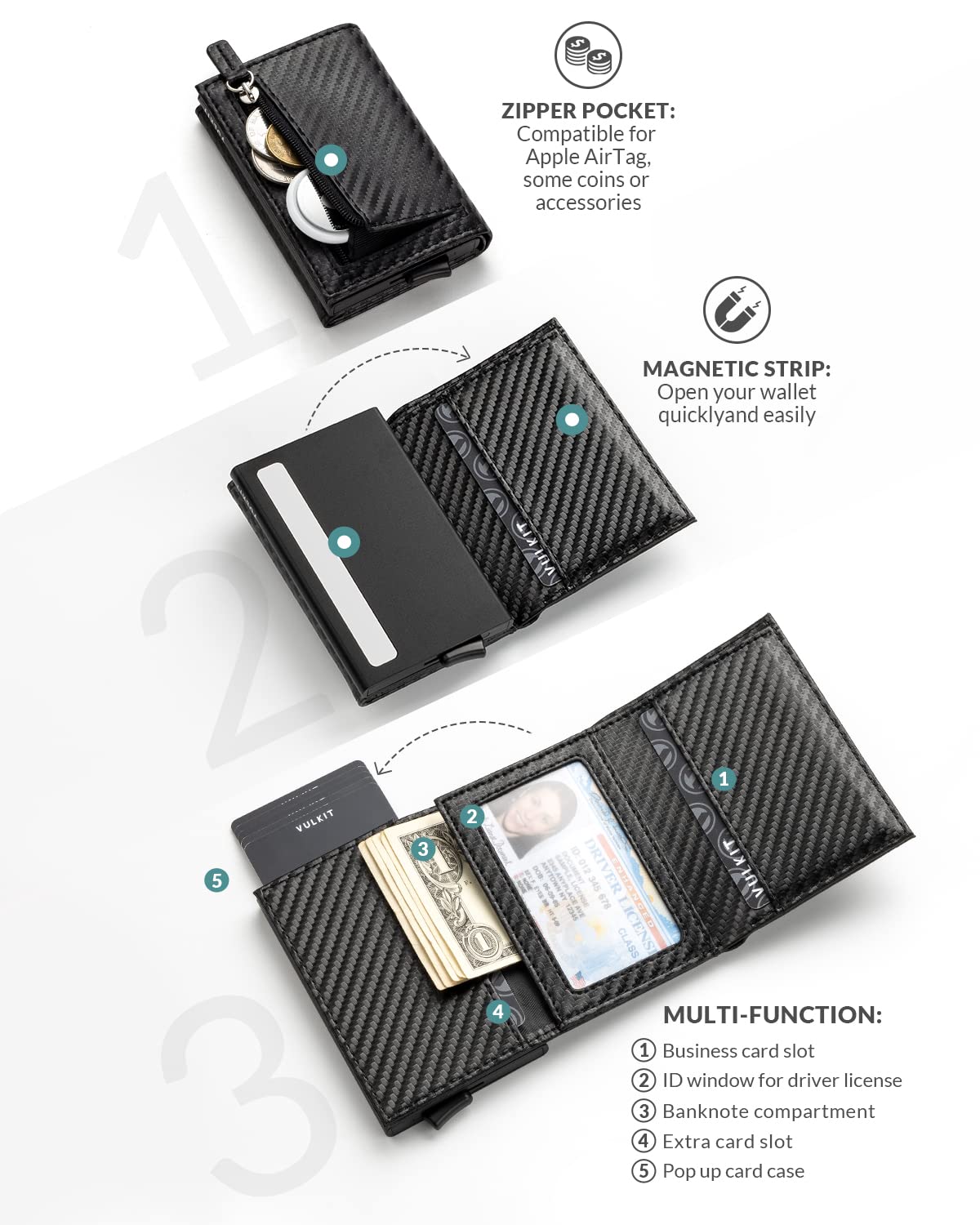 VULKIT Credit Card Holder RFID Blocking Leather Bifold Mens Wallet Automatic Pop Up with Banknote Compartment (Carbonfiber)