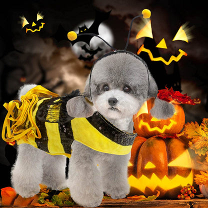 Bee Dog Costume - Bumblebee Pet Dress with Cap - Funny Halloween Outfit for Small, Medium, Large Dogs & Cats