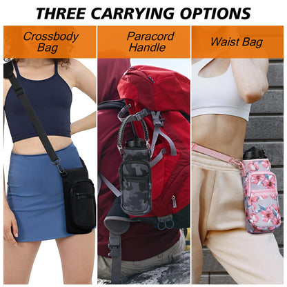 AceTreker 32/40/64/128 oz Neoprene Insulated Water Bottle Carrier Bag, Sport Bottle Sleeve Pouch Holder with Strap & Paracord Handle and 2 Pocket for Travelling, Hiking, Camping-Purple