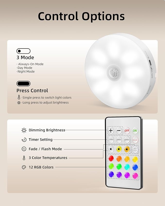 EZVALO Under Cabinet Lighting with Charging Station,1000mAh Rechargeable Puck Lights with Remote, 3 Color Temps & 12 RGB Closet Lights, Dimmable Motion Sensor Lights for Shelf, Kitchen (6 Packs)