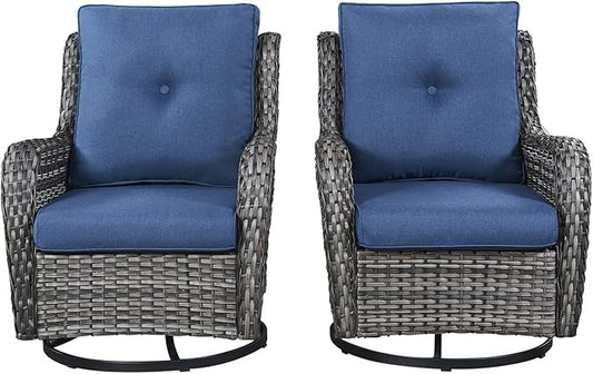 Rilyson Wicker Rocking Chair Swivel Chairs - 2 Piece Rocker Patio Chairs Set Rattan Rocking Chair for Outdoor Porch Deck Garden Backyard (Mixed Grey/Blue)