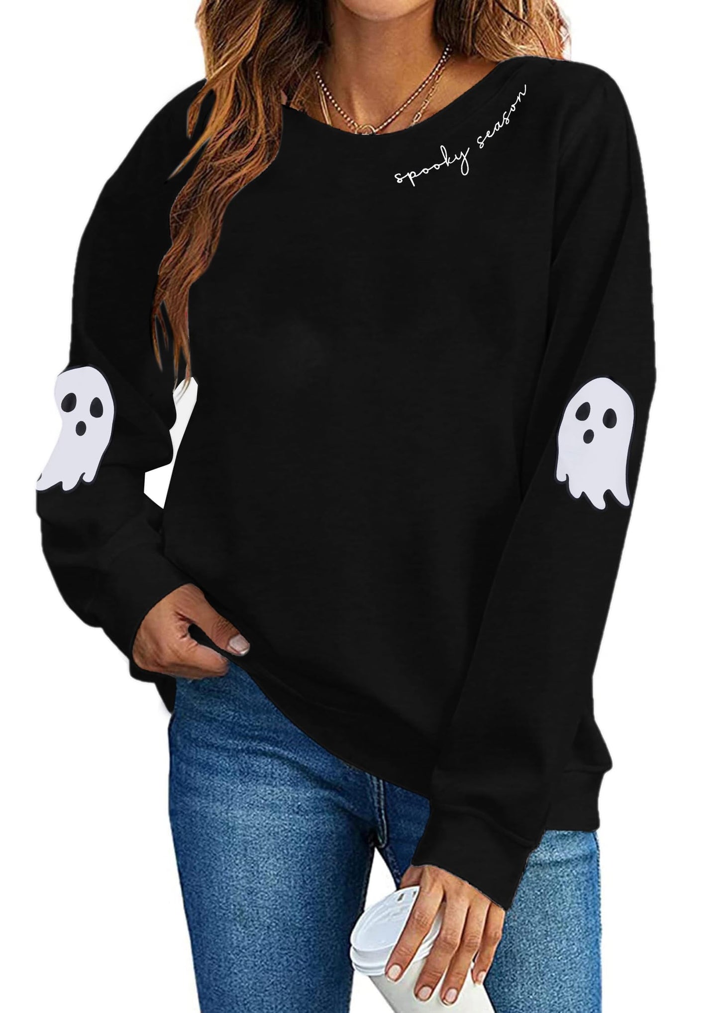 HEBBE Spooky Season Sweatshirts Halloween Ghost Sweatshirt Women - Halloween Graphic Crewneck Tops Casual Sweater