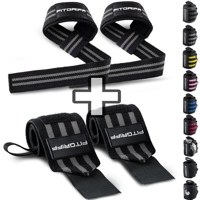 Fitgriff® Lifting Straps & Wrist Wraps (Bundle) Superior Support for Weightlifting & Gym Workouts - for Men and Women (Black/Grey)