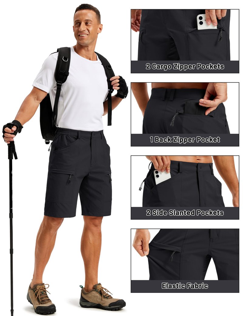 TACVASEN Men's Hiking Cargo Shorts Quick Dry Lightweight Shorts with Zipper Pockets for Casual Golf Travel Work Black 32