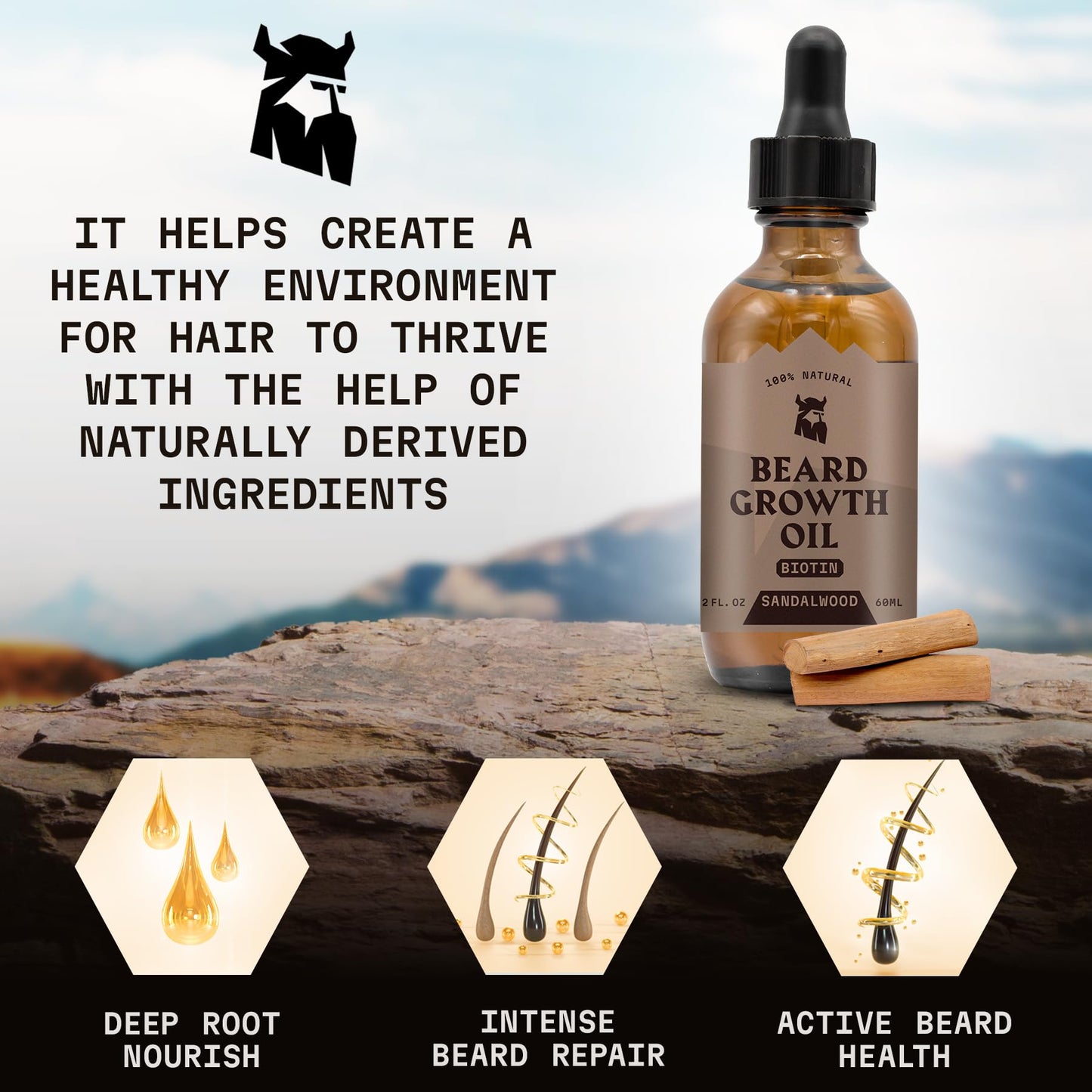 Striking Viking Beard Oil with Biotin for Men - 2 Fl Oz, 1 Pack, Sandalwood - Thickening & Conditioning Beard Growth Oil & Serum with Argan & Jojoba for Hydrated Facial Hair