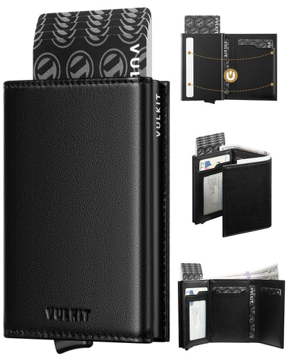 VULKIT Mens Wallet Credit Card Holder Pop up Card Case RFID Blocking Genuine Leather Card Wallet with Banknote Compartment & ID Window… (Top-Grain Cowhide Black)