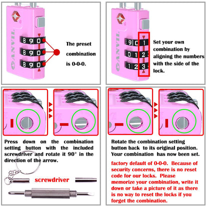 ANVIL TSA Approved Cable Luggage Locks 3 Digit Combination Padlock with Zinc Alloy Steel Cable Lock Ideal for Travel Suitcase, Backpack, Lockers,Case,Toolbox (2, Pink)