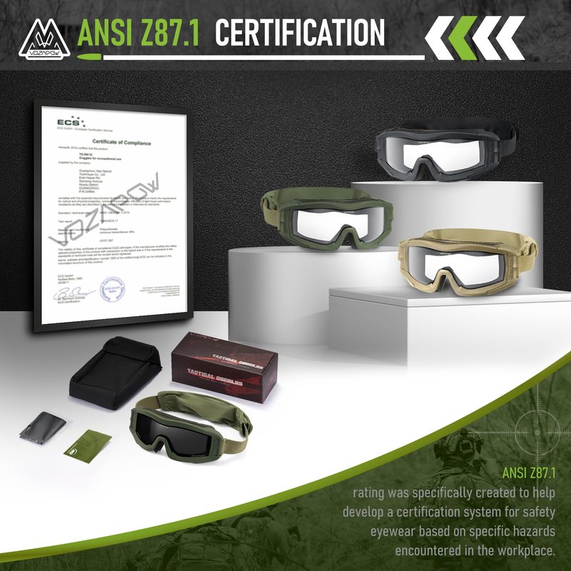 VOZAPOW Airsoft Goggles Anti Fog with ANSI Z87.1 Certified, Safety Goggles Impact Resistant, Tactical Shooting Glasses