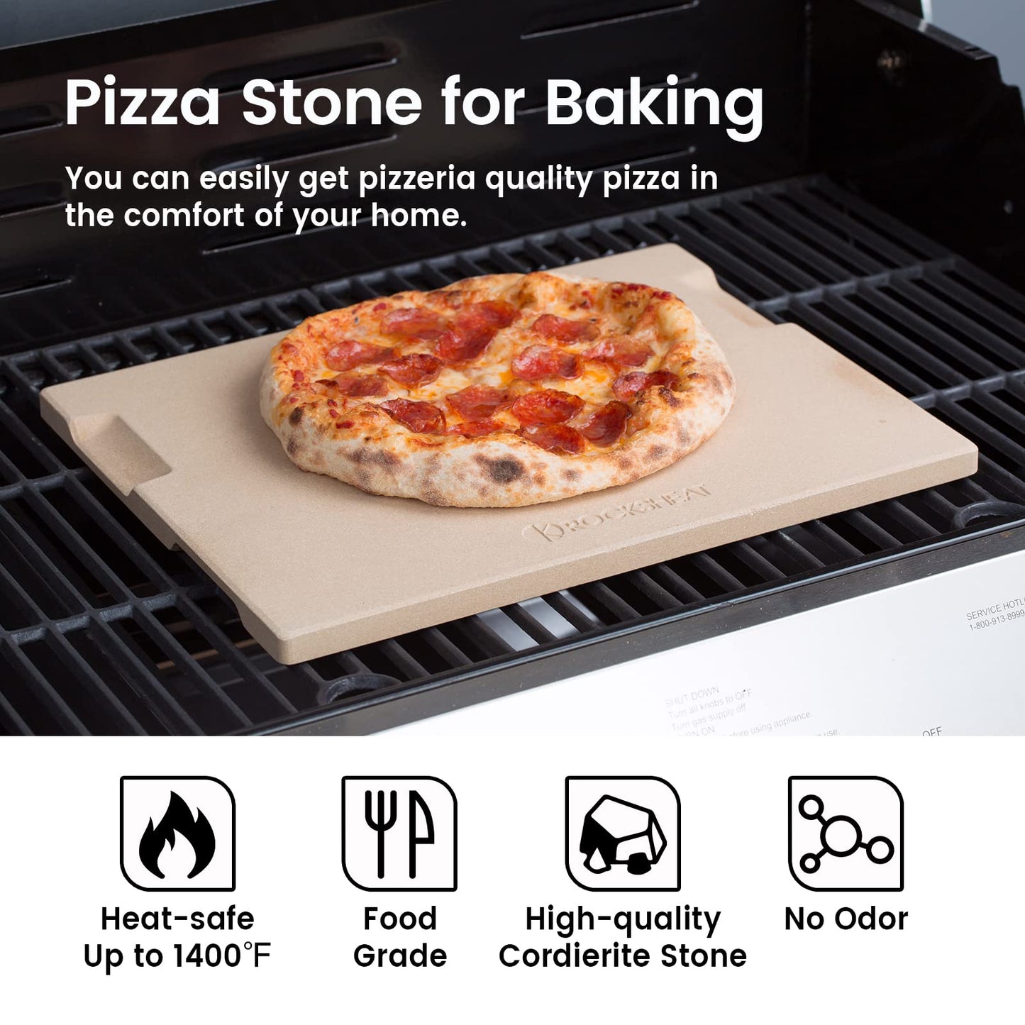 ROCKSHEAT Pizza Stone Bread Baking Stone 30 x 38cm Rectangular Stone for Oven and Grill Innovative Double-Sided Built-in Design with 4 Handles Pizza Stones