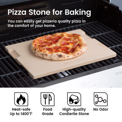 ROCKSHEAT Pizza Stone Bread Baking Stone 30 x 38cm Rectangular Stone for Oven and Grill Innovative Double-Sided Built-in Design with 4 Handles Pizza Stones