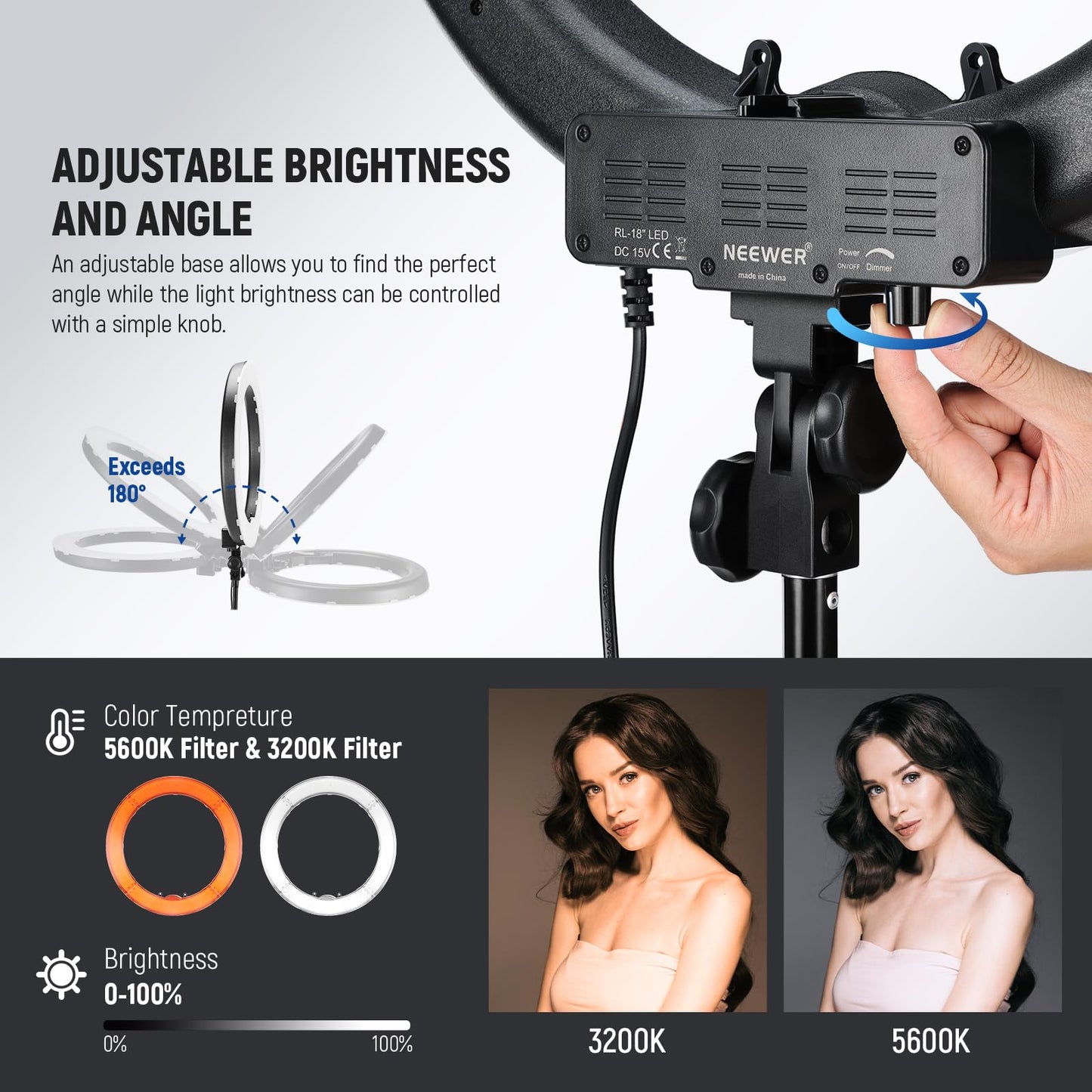 NEEWER Ring Light Kit: 18"/45cm Outer 55W 5600K Dimmable LED Ring Light, Light Stand, Carrying Bag for Camera, Smartphone, YouTube, TikTok, Self Portrait Shooting, Black