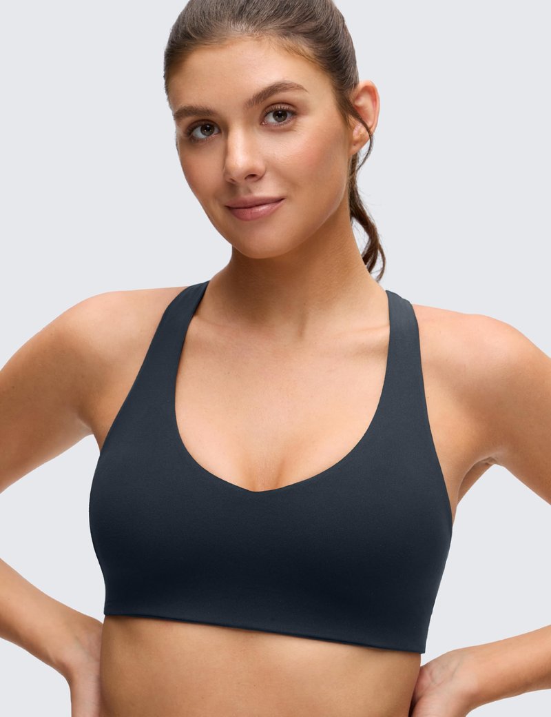 CRZ YOGA Butterluxe Racerback Sports Bras for Women - V Neck Supportive Padded Wireless Athletic Yoga Crop Top True Navy Small