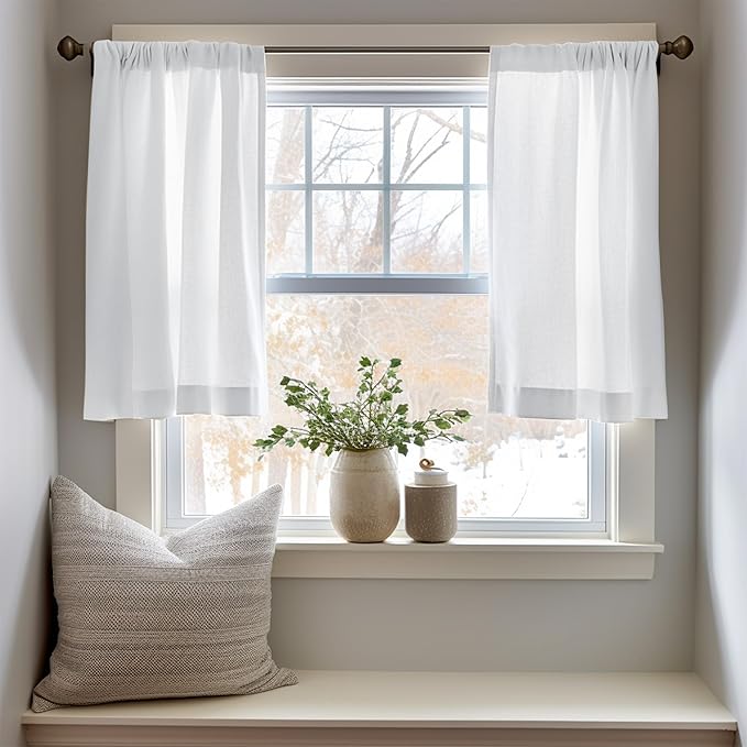 jinchan Linen Textured Tier Curtains 36 Inch for Kitchen Windows Farmhouse Cafe Curtains Small Drapes Rustic Light Filtering Half Window for Living Room Laundry Rod Pocket 2 Panels White