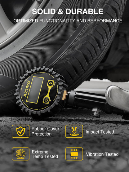 AZUNO Digital Tire Inflator with Pressure Gauge, 200 PSI, Heavy Duty Air Compressor Accessories, with Rubber Hose Lock on Air Chuck and Quick Connect Coupler, Comes with a Portable Carrying Box