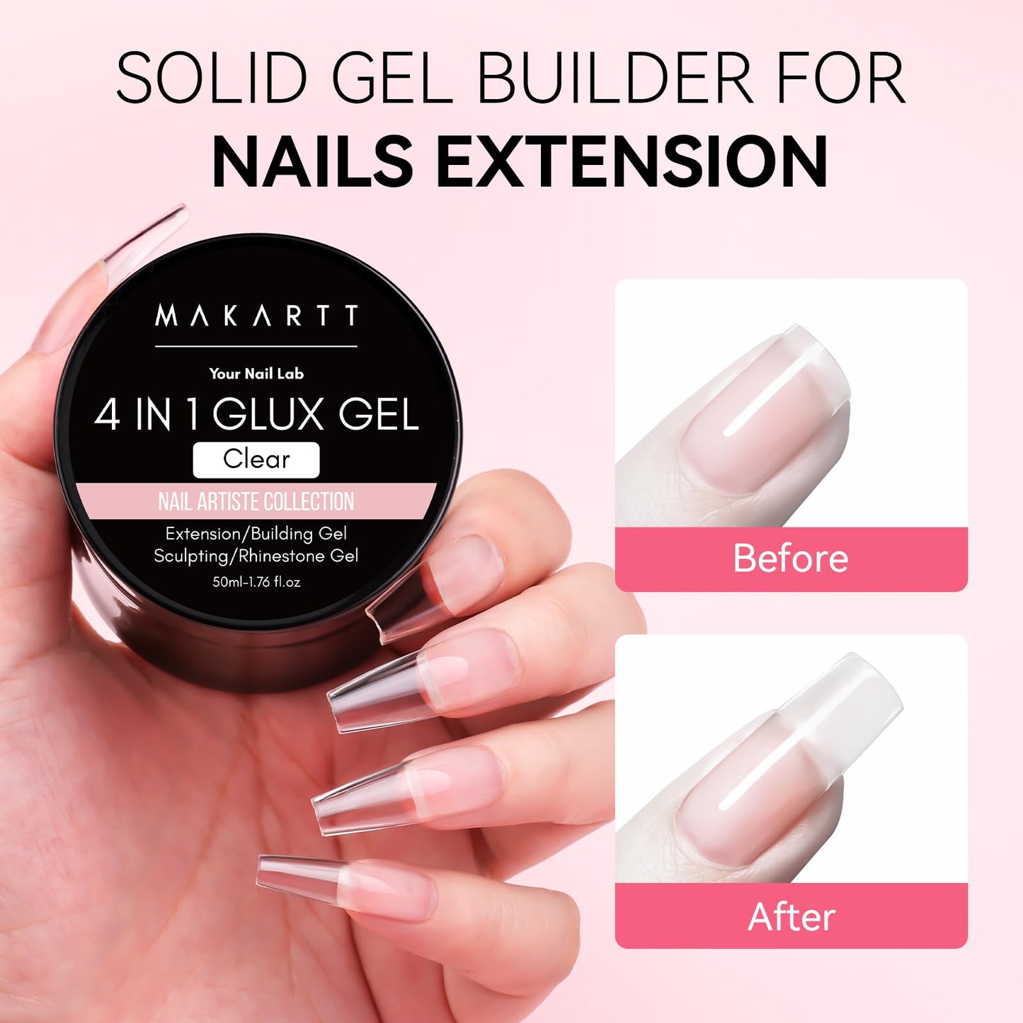Makartt Clear Gel Builder Kit: Self-Levelling, Long Lasting Extension Hard Gels for Strengthener, Broken Nails Repair Gel Kit with Paper Forms, Dual forms, Nail File and Dual-End Brush 1.06 oz