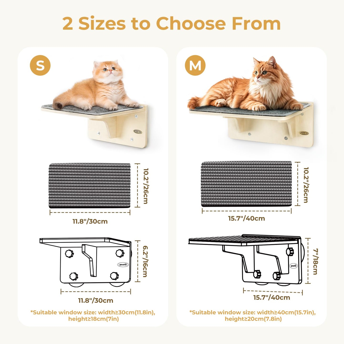 Pecute Cat Window Hammock & Wall Shelf, Sturdy Solid Wood Frame, 4 Swivel Suction Cups, Cat Window Bed Anti-Scratch & Washable Carpet Cover, Space-Saving Suitable for Cats Sunbathing, Hold Up to 18kg