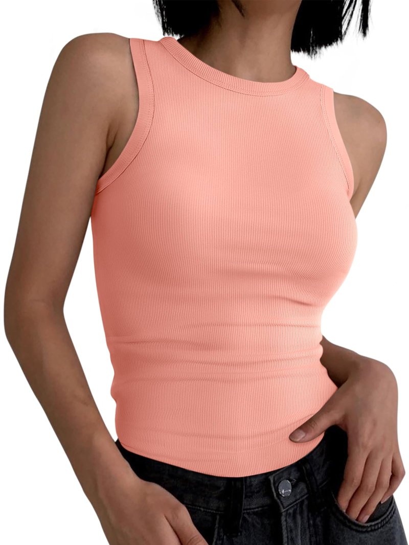 ANRABESS Womens Sleeveless High Neck Tank Tops Fashion Summer Casual Basic Slim Fit Ribbed Racerback Top Shirt Clothes Coral Orange Medium