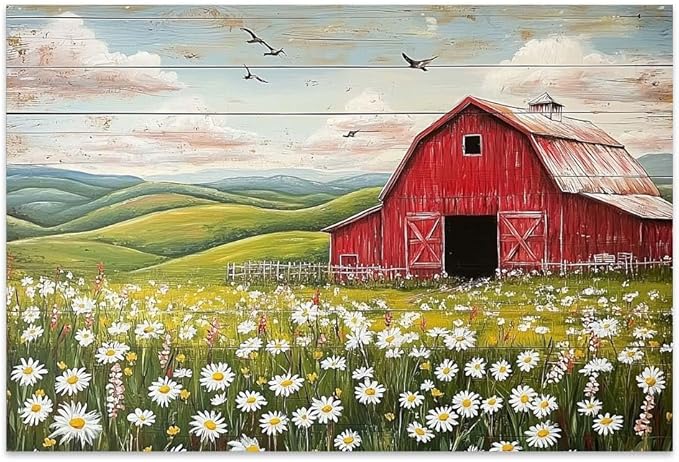 Yesad Country Red Barn Pictures, Daisy Canvas Wall Art Wildflower Meadow Poster Flower Print Rustic Farmhouse Decor Barn Painting Wall Decor Home Decoration for Living Room (Unframed,12"x8",Barn2)