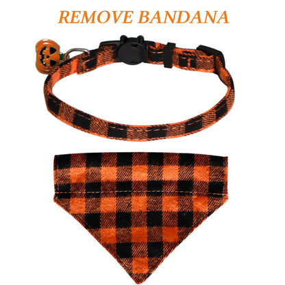 STMK 2 Pack Halloween Cat Bandana Collar with Bell, Breakaway Halloween Cat Kitten Bandana Collar with Bell Pumpkin for Halloween Cats Kittens Costume Decorations, Orange and Purple