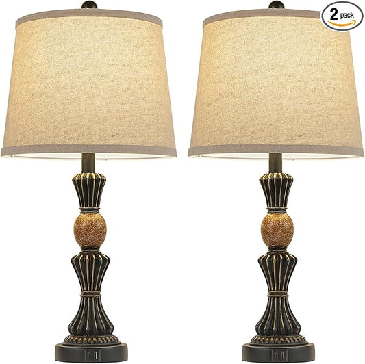 Set of Modern Table Lamps with USB-C & USB Ports, Rotating Knob Switch, Linen Shade + Resin Base Rustic Farmhous (Black Gold/Oil Bronze)