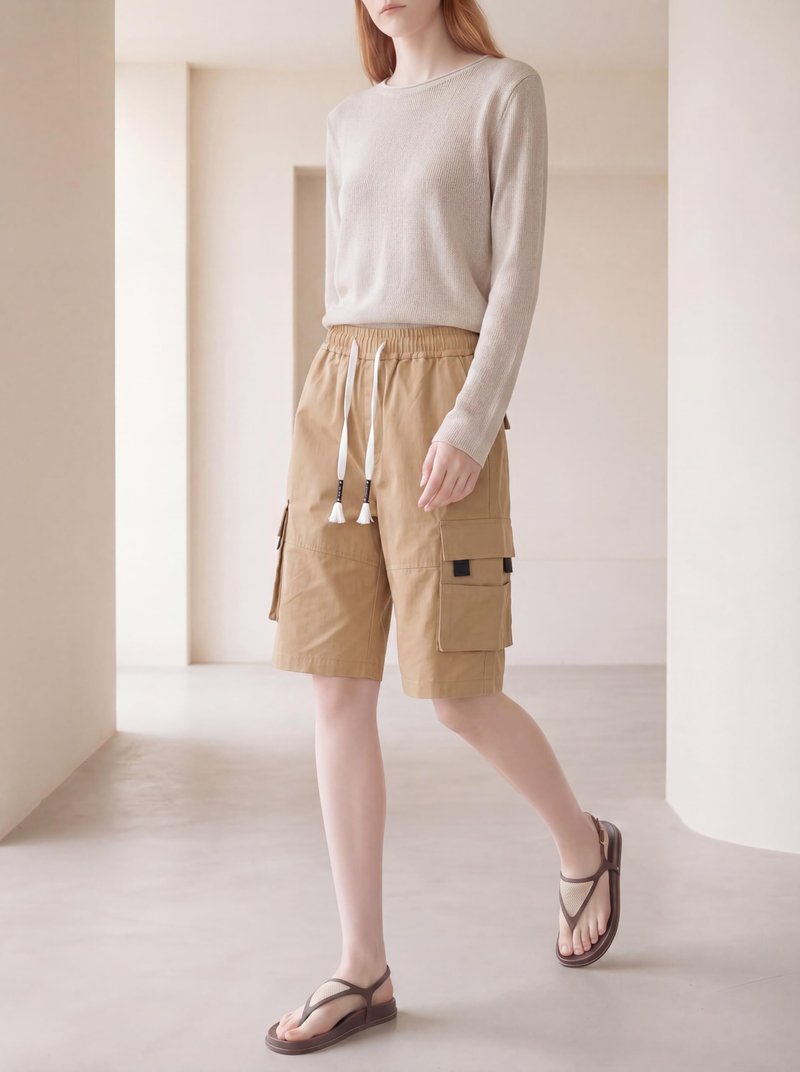VtuAOL Women's Cargo Shorts Elastic Waist Comfy Cotton Loose Fit Shorts Khaki Asian XL/US 8-10