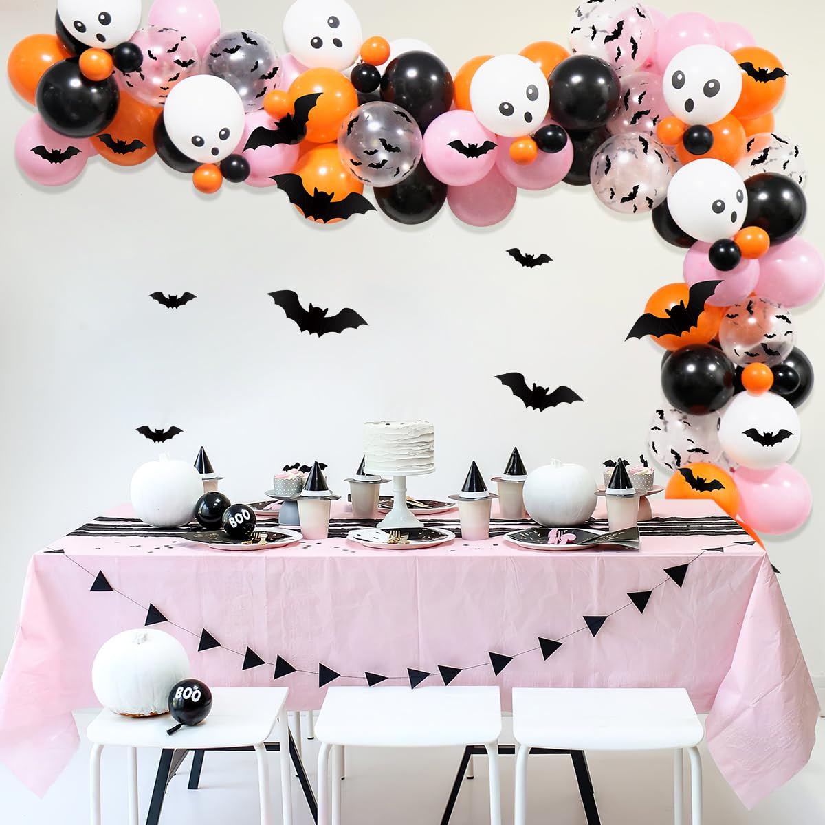100Pcs Girls Halloween Balloons Arch Garland Kit, Pink Black Orange Halloween Balloons Arch Skull Balloons Bats Stickers for Halloween Theme Baby Shower Birthday Halloween Spooky Party Decorations