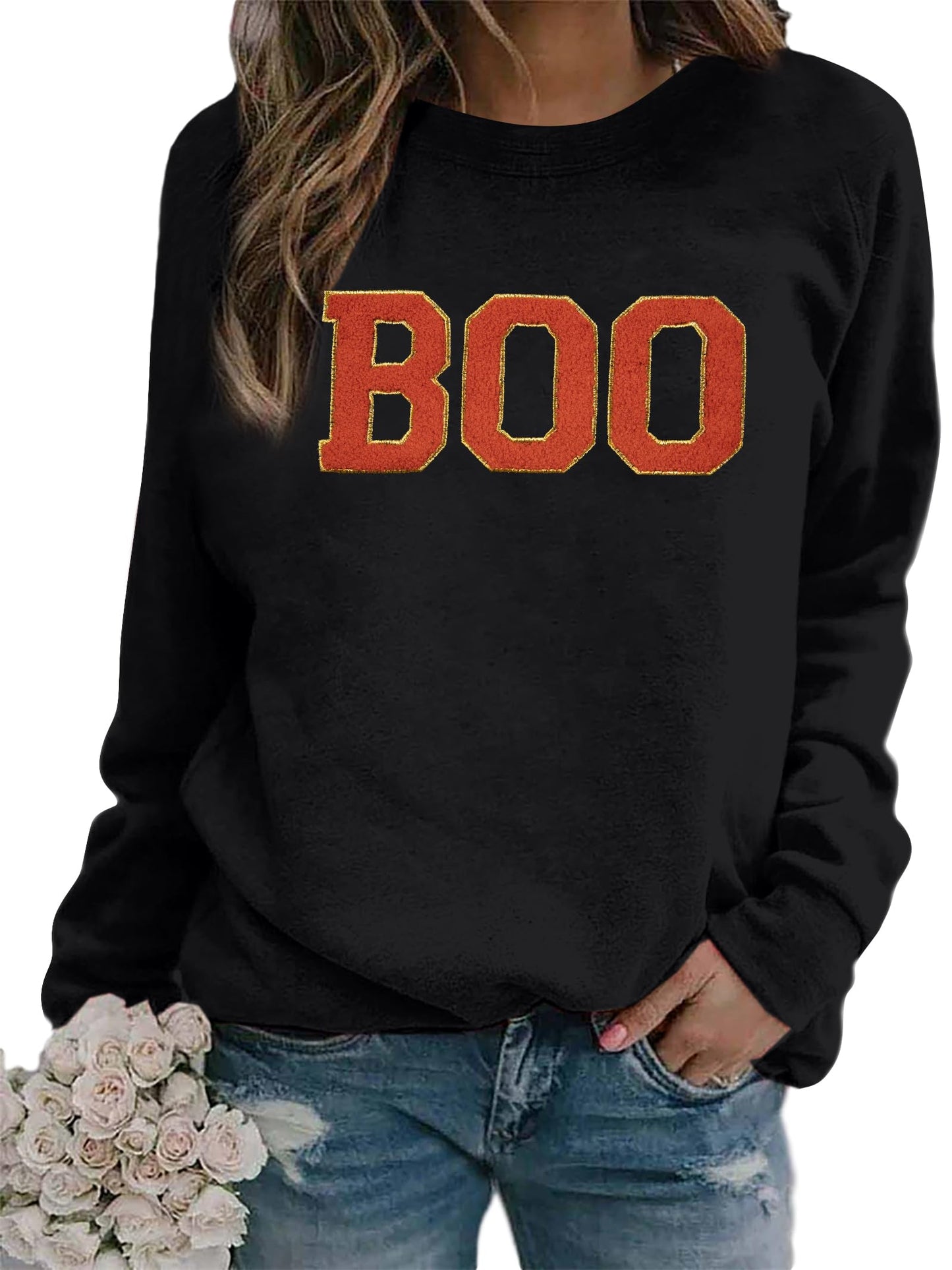 MYHALF Halloween Sweatshirt for Women Boo Embroidered Sweaters Cute Spooky Season Shirt Long Sleeve Fall Winter Pullover Tops Black