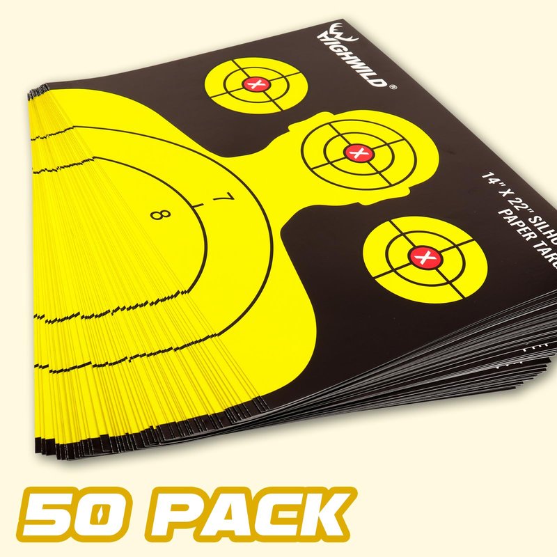 Highwild Shooting Range Silhouette Paper Target 50 Pack - 14X22 Inches - Suitable for Handguns, Rifles, Airguns, BB Guns (Black & Yellow)