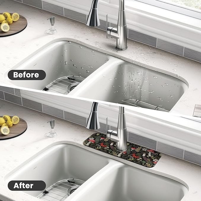 Forest Mushroom Mushrooms Leaves Flowers Kitchen Sink Splash Guard Faucet Mat