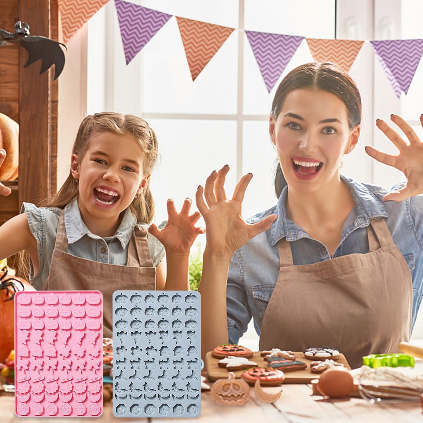 Halloween Silicone Molds 2 Packs Pumpkin Ghost Chocolate Molds Silicone Mini Mold for Halloween Baking Candy Chocolate Cookie Jelly