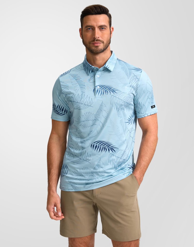 Obla Mens Golf Polo Shirts Short Sleeve Dry Fit Performance Moisture Wicking Casual Print Collared Golf Shirts for Men (Blue Palm Leaves) L