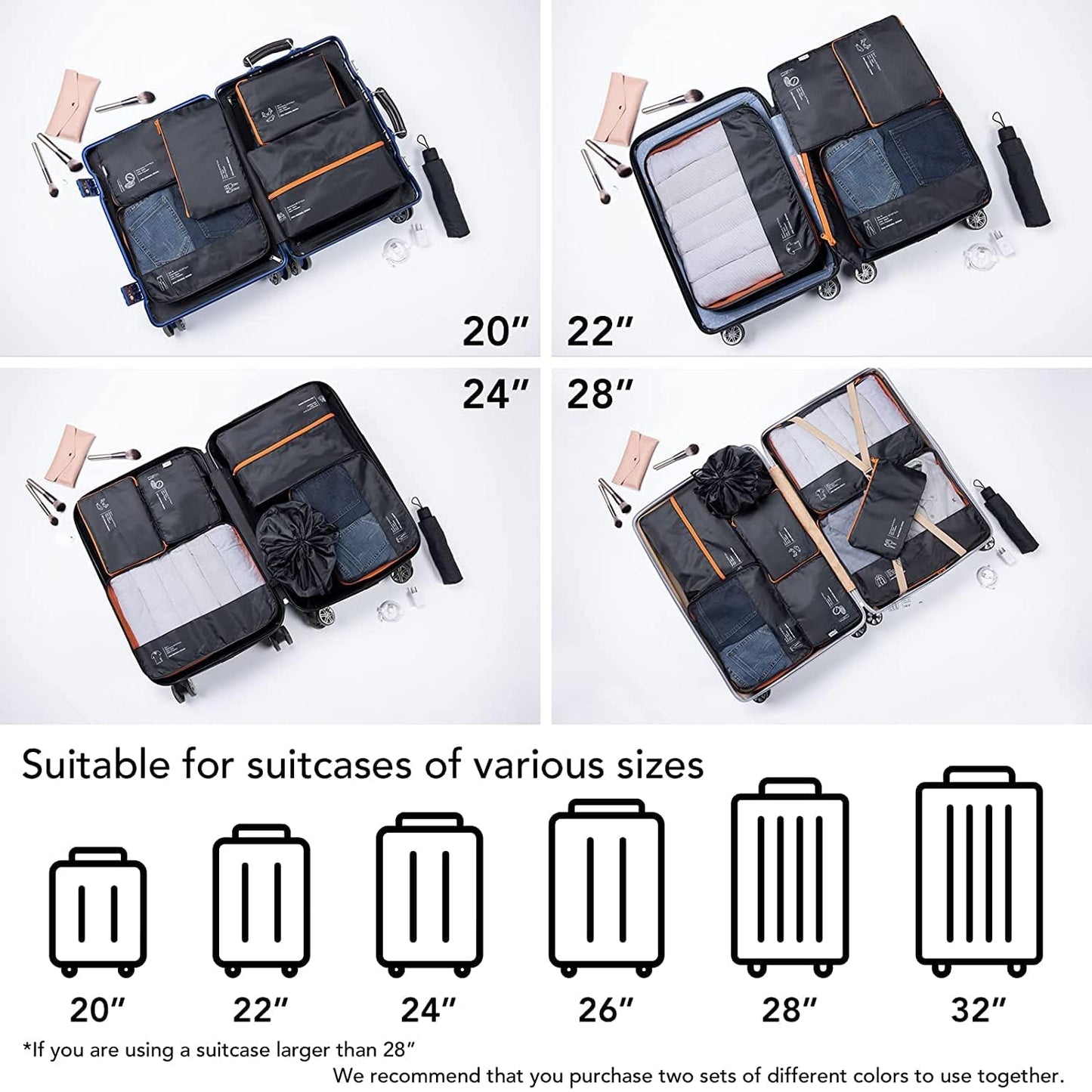DIMJ Packing Cubes 8 Sets Travel Luggage Organizers for Suitcases Packing Organiser with Label Shoe Storage Bags Laundry Bag, Black