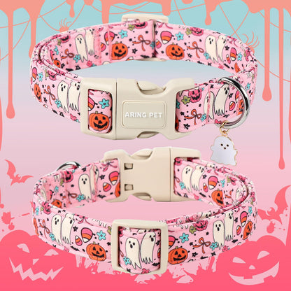 ARING PET Halloween Dog Collars, Cute Pink Pumpkin Ghost Flower Bowtie Pet Collar with Quick Release Buckle for Small Medium Large Girl Boy Dogs-L