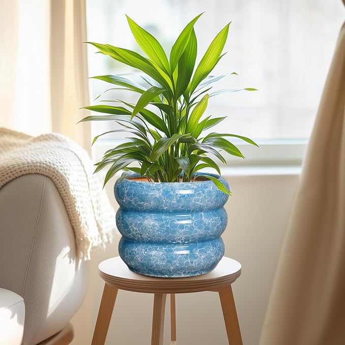 SQOWL 8 Inch Plant Pot with Drainage Hole - Ceramic Pot for Plants Outdoor Planter for Indoor Plants Decorative Plant Pot Medium Flower Pot Round Planter for Bathroom House Decor Blue