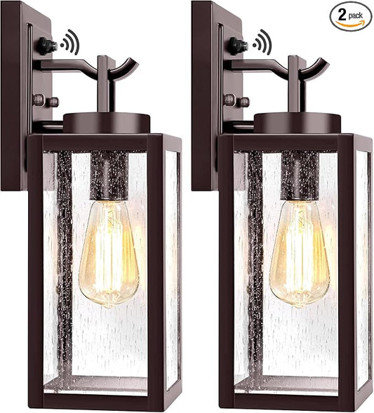 2-Pack 14'' Dusk to Dawn Outdoor Wall Light Fixtures, Oil Rubbed Bronze Exterior Lighting Fixtures Wall Mounted with Seeded Glass, Waterproof Porch Lights Outside Lanterns for House Front Garage