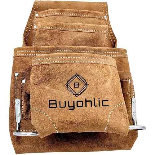 Buyohlic Heavy-Duty Suede Carpenter's Tool & Nail Bag ? 10-Pocket Construction Pouch, Dark Tan
